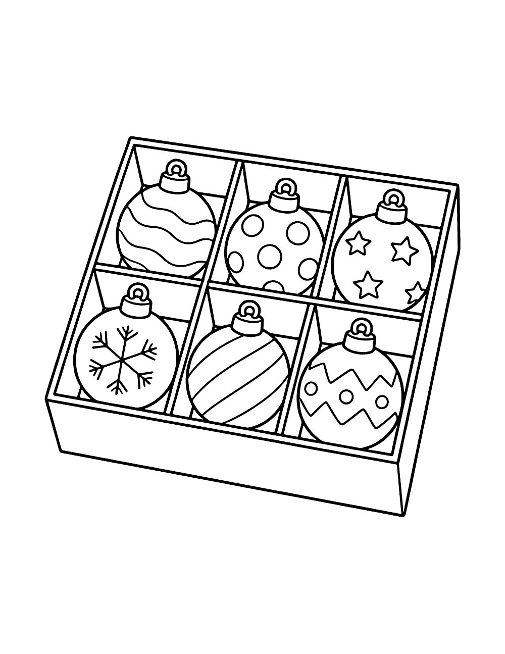 Six round ornaments in a divided box, decorated with waves, dots, stars, a snowflake, stripes and zigzags.