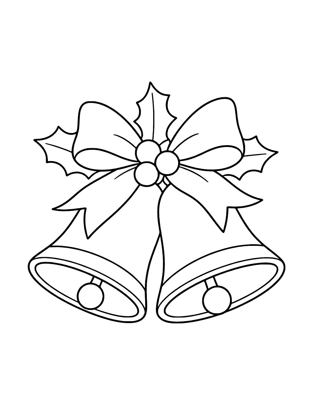 Two bells tied together with a large ribbon bow, holly leaves and three berries.