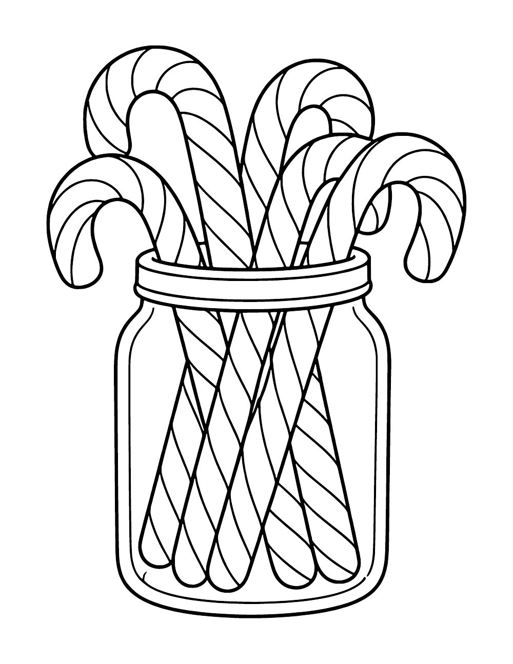 Striped candy canes with curved tops stand in a clear, wide-mouthed jar.