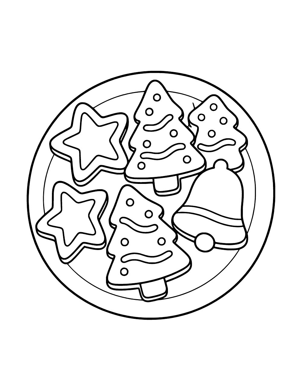 Round plate holding three tree-shaped cookies, two star cookies and a bell cookie with icing details.