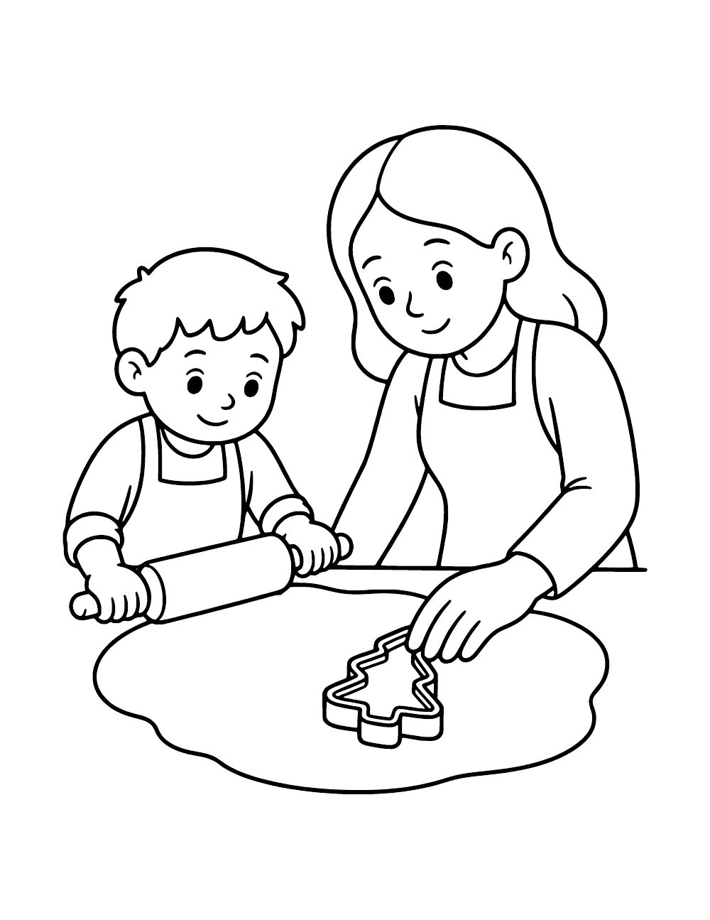 A child uses a rolling pin beside an adult pressing a tree-shaped cookie cutter into rolled dough.
