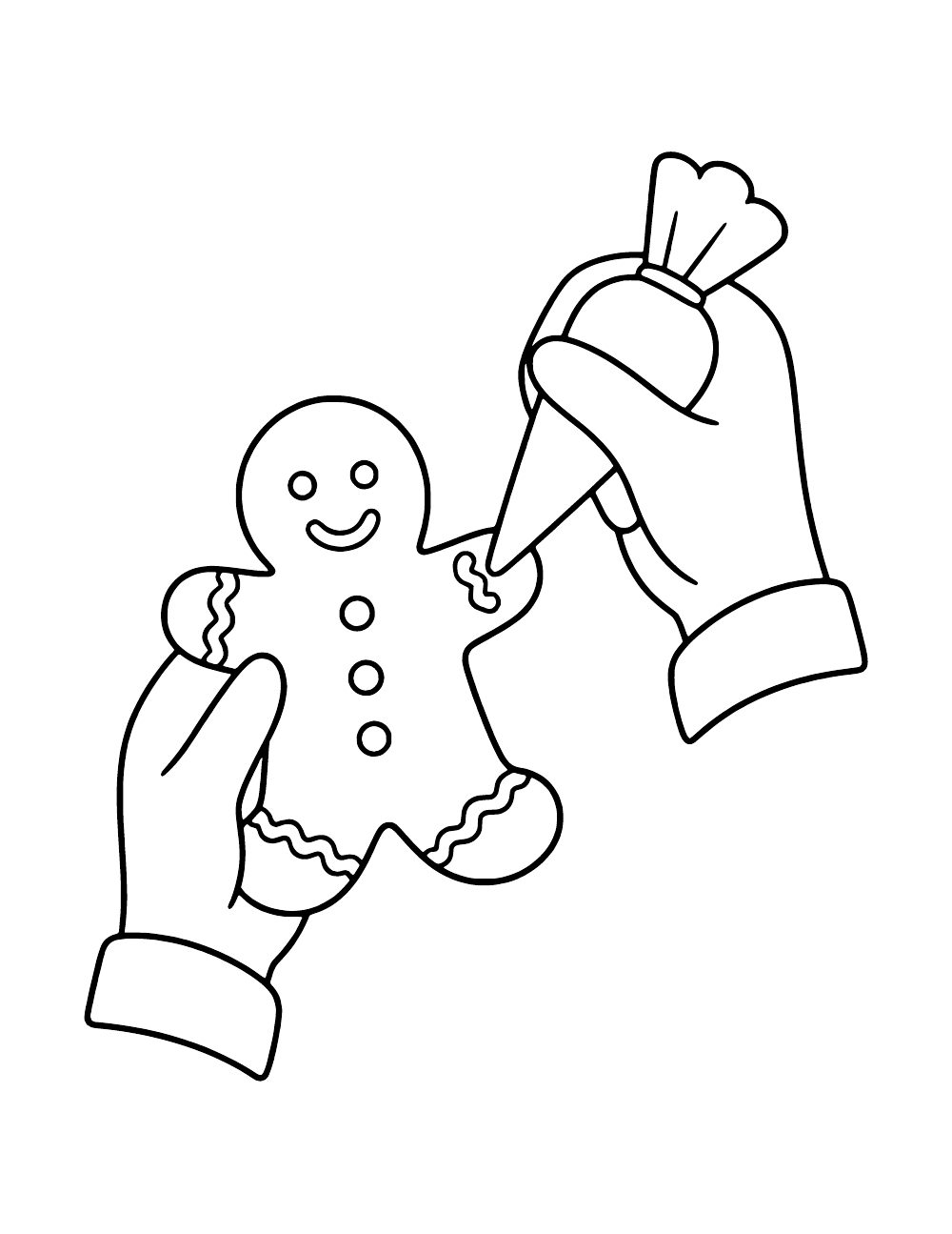 Hands hold a smiling gingerbread cookie and a piping bag adding icing to its arm.