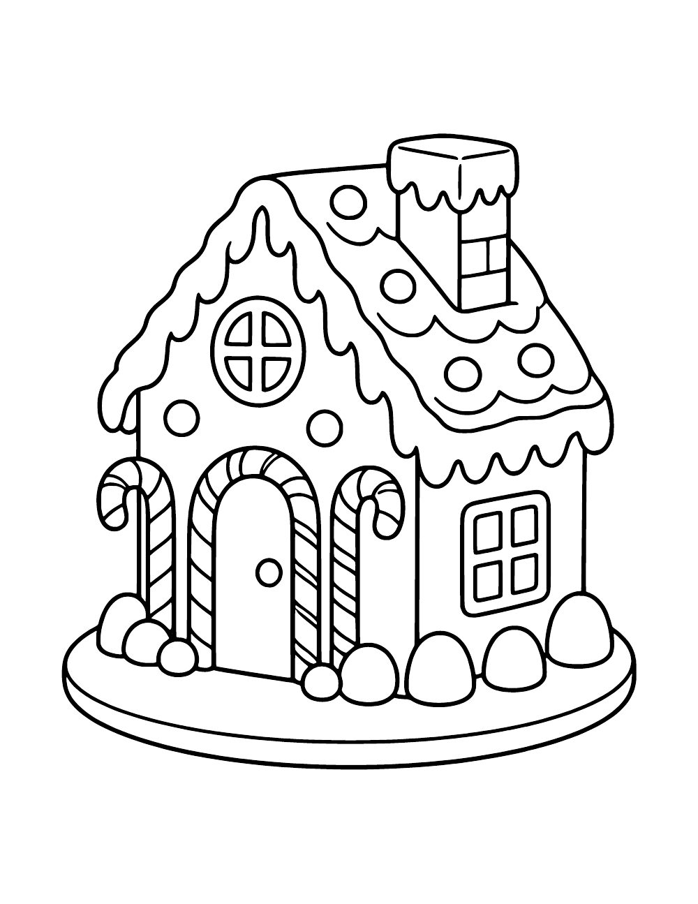 Gingerbread house with an icing-covered roof, chimney, candy cane doorway and gumdrop-shaped decorations around the base.