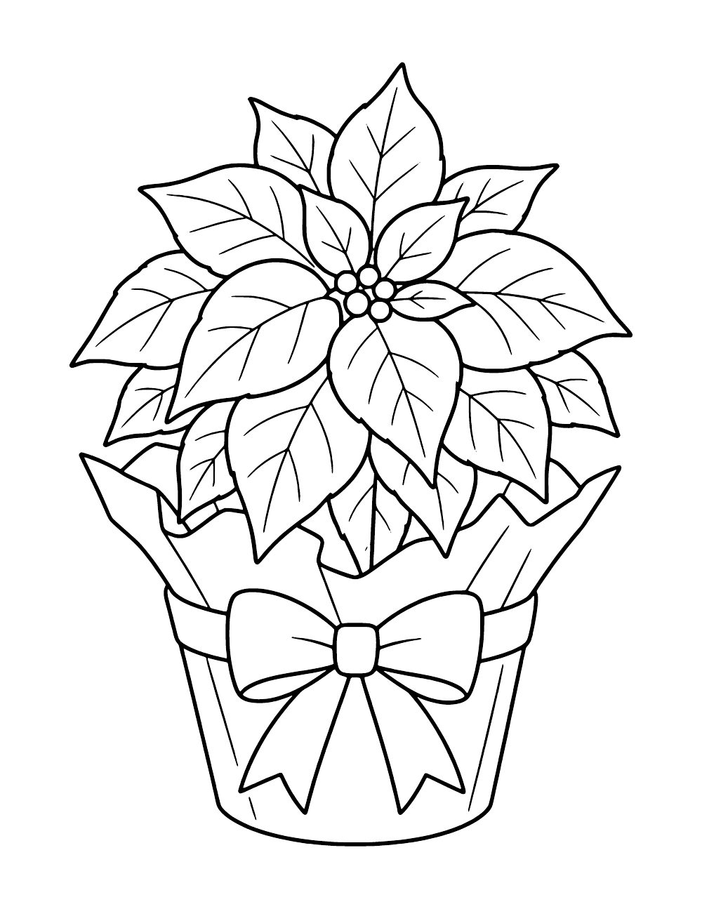 Potted poinsettia with layered pointed foliage, small round centers and a large bow around its wrapped pot.
