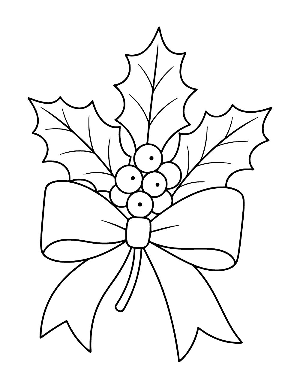 Three pointed holly leaves and a cluster of berries tied with a large ribbon bow.