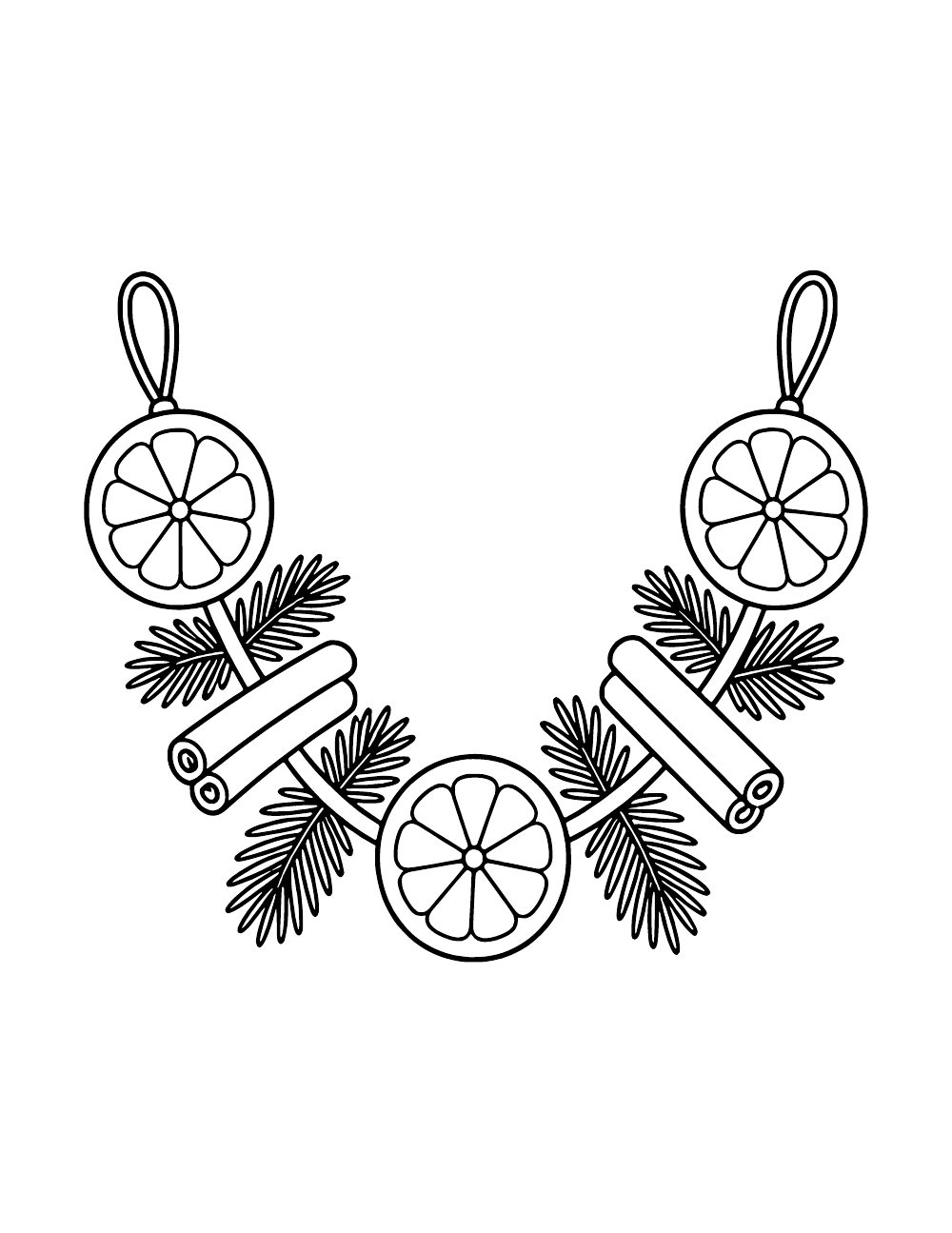 U-shaped garland with three citrus slices, cinnamon sticks, evergreen sprigs and hanging loops at both ends.