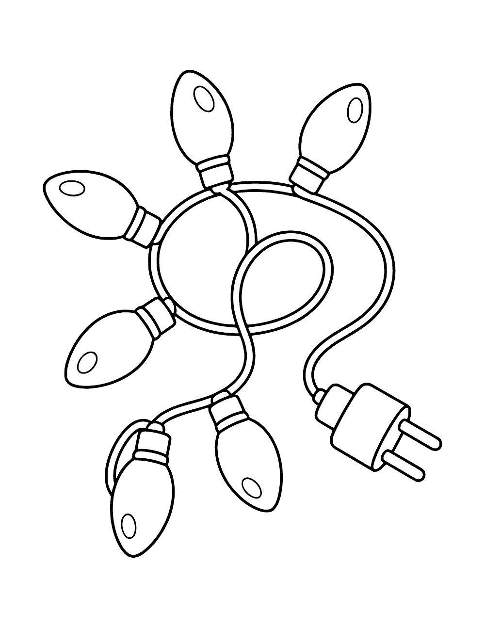 Six large holiday light bulbs on a looping cord with a two-prong plug.