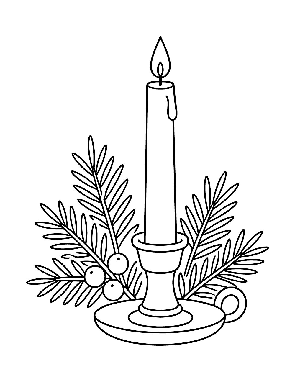Lit taper candle in a handled candleholder, surrounded by evergreen branches and three berries.