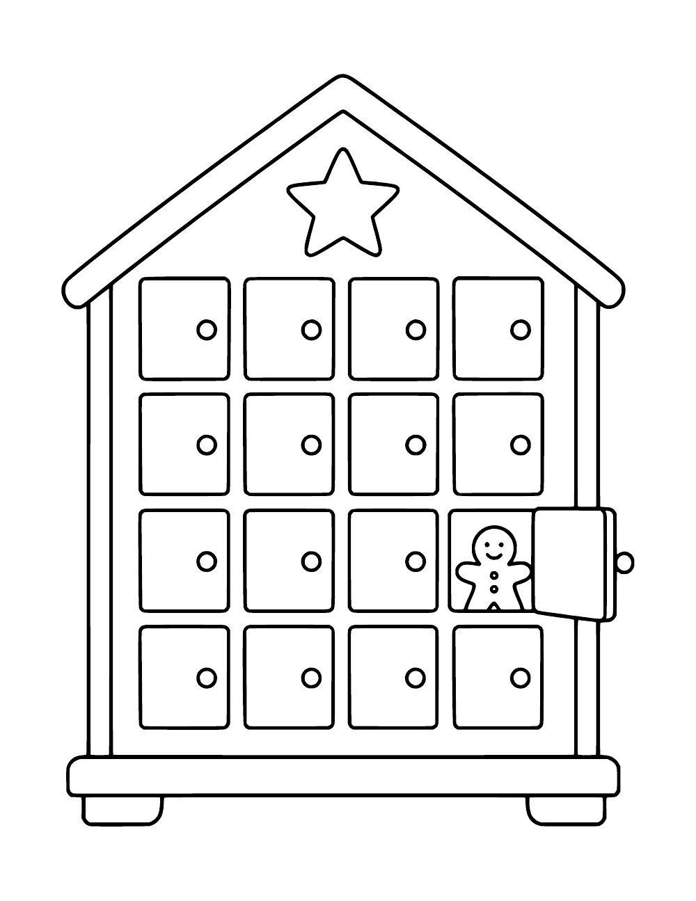 House-shaped calendar with a star under the roof and rows of small doors, one open to reveal a gingerbread figure.