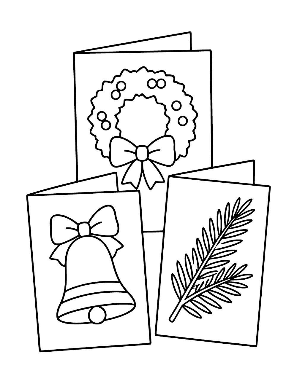 Three folded greeting cards displaying a wreath with a bow, a bell and evergreen sprigs.