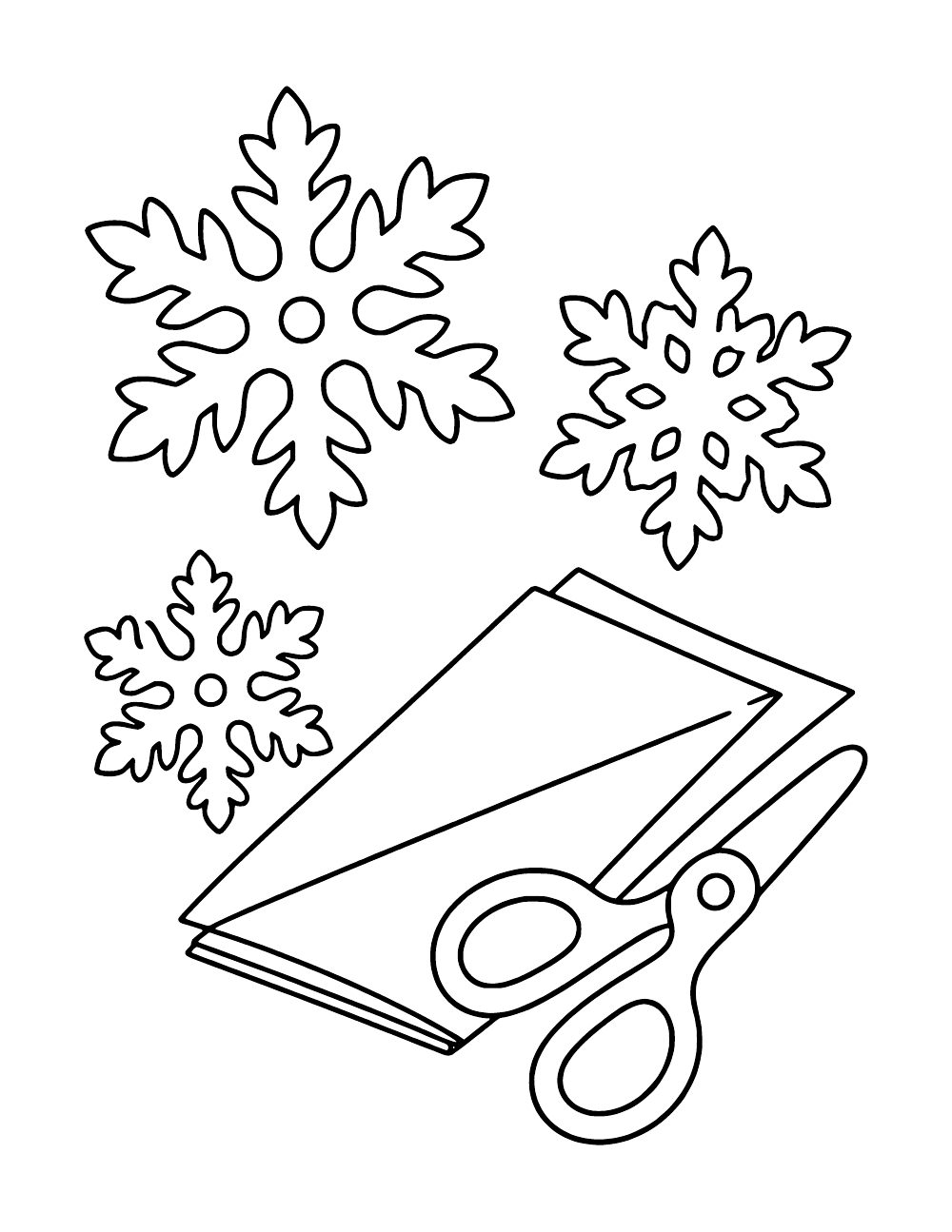 Three paper snowflake shapes beside folded paper and a pair of scissors.