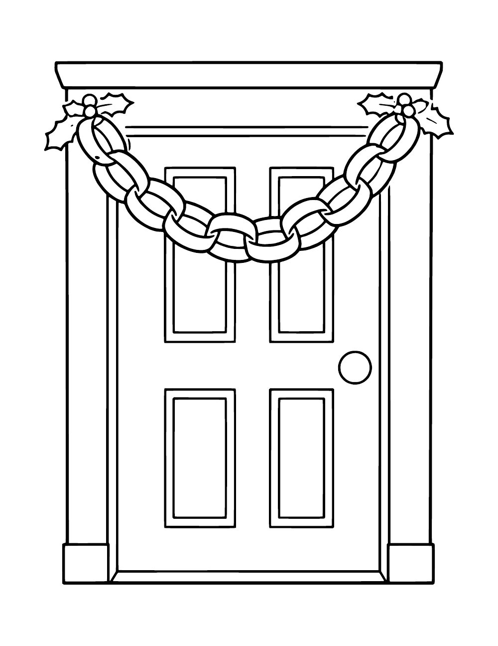 Paneled door with a paper chain draped across the top and holly decorations at both upper corners.