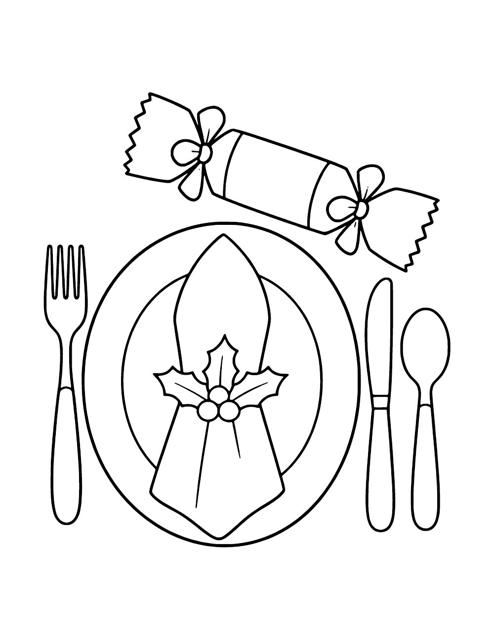 Plate with a folded napkin and holly decoration, surrounded by a fork, knife, spoon and ribbon-tied Christmas cracker.