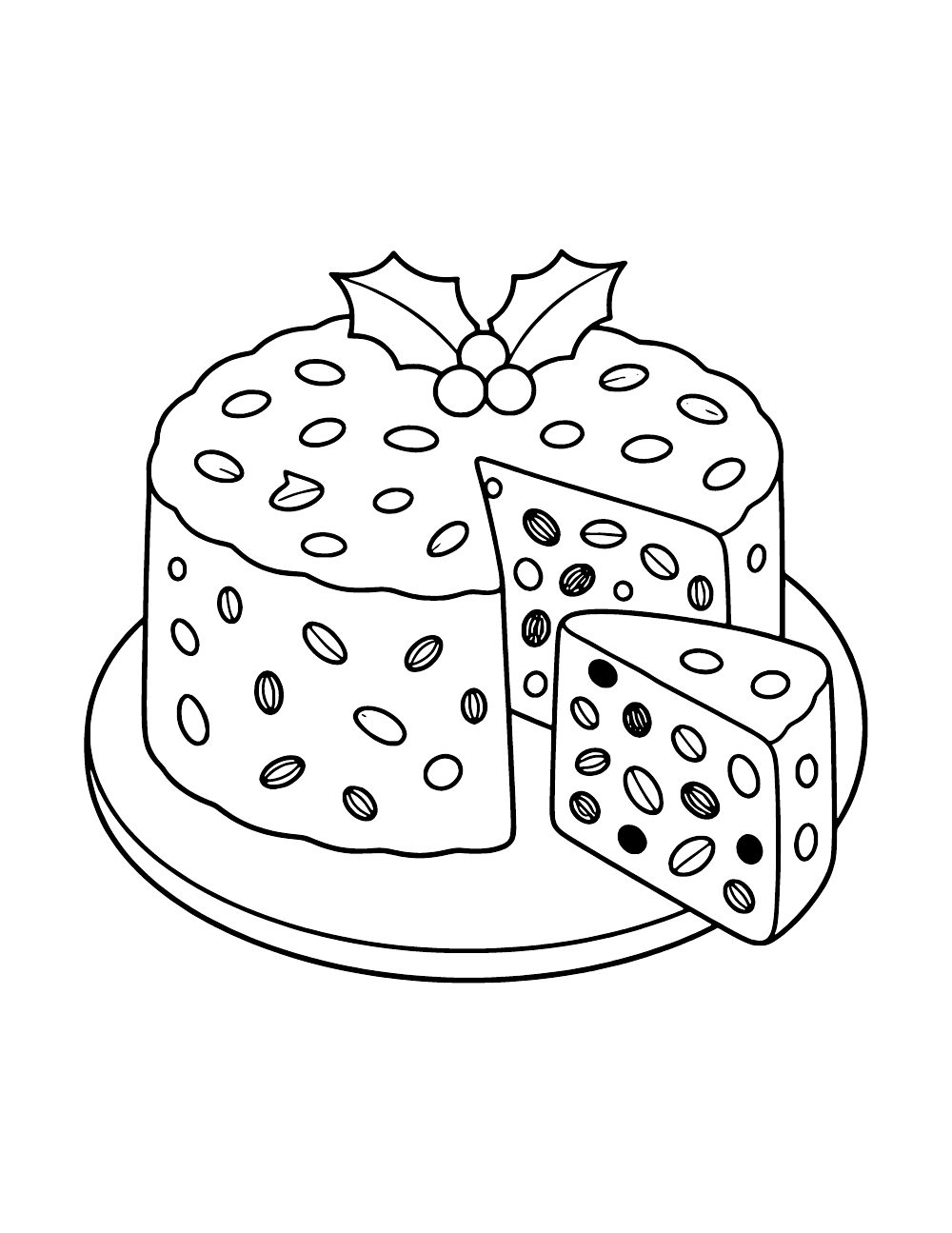 Round fruitcake topped with holly, with a wedge removed and a separate slice showing fruit and nut details.