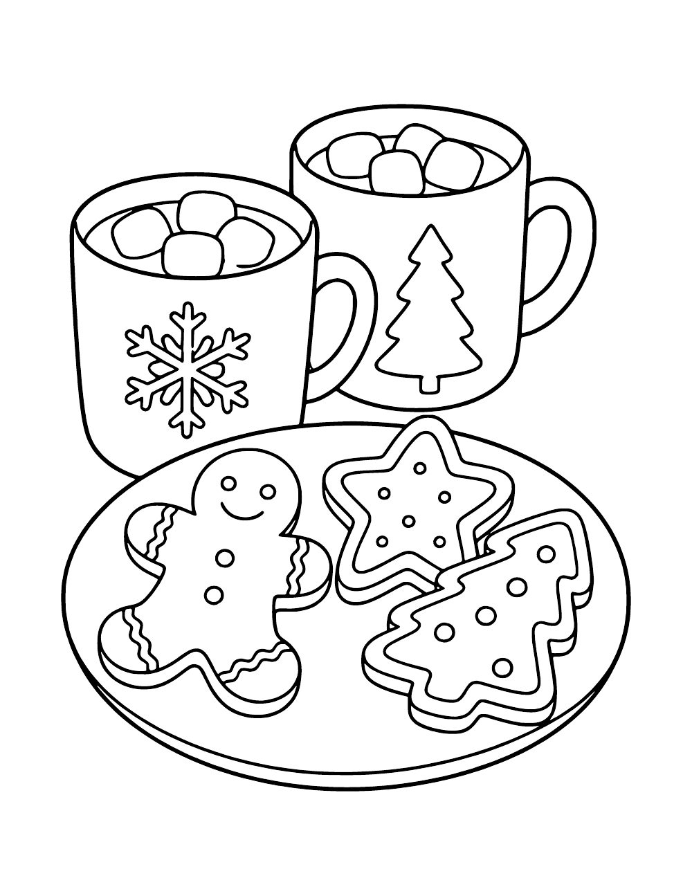 Two mugs topped with marshmallows behind a plate of gingerbread, star and tree cookies.