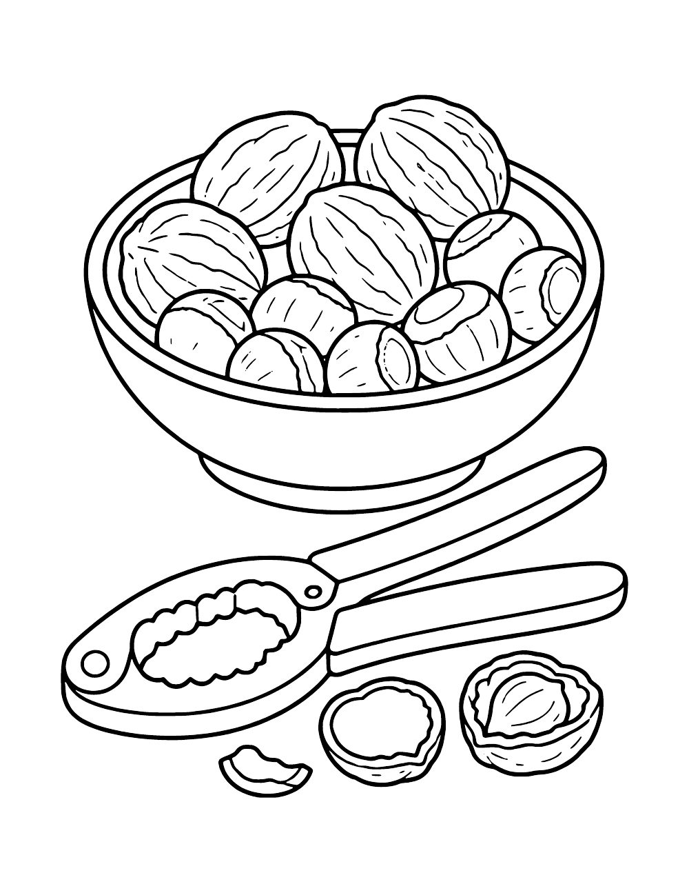 Bowl of mixed nuts beside a handheld nutcracker, cracked walnut halves and a small shell fragment.