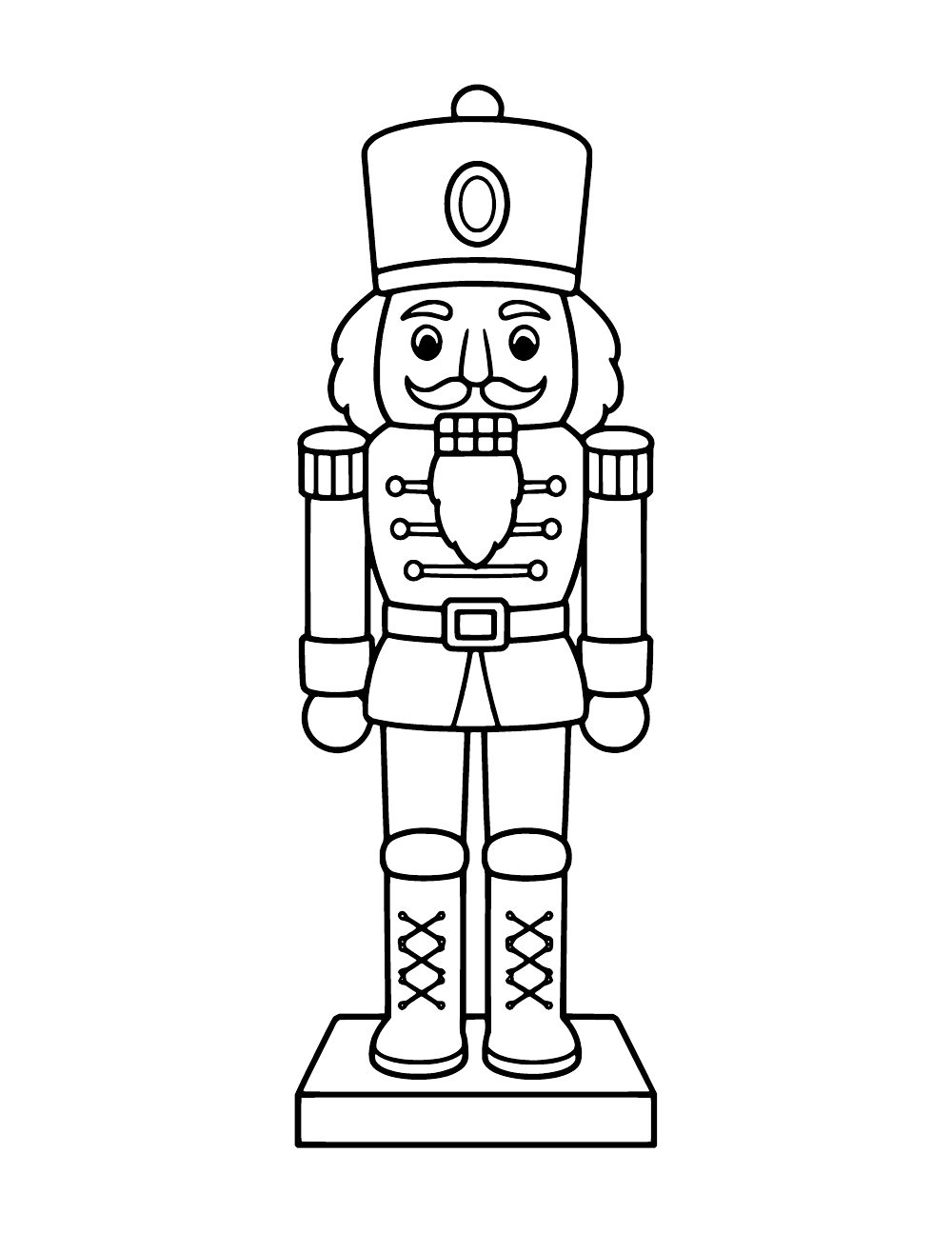 Nutcracker soldier figure on a rectangular base, wearing a tall hat, decorated jacket, belt and laced boots.