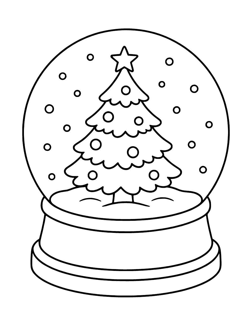 Snow globe containing a star-topped tree with round decorations, falling snow dots and a broad tiered base.