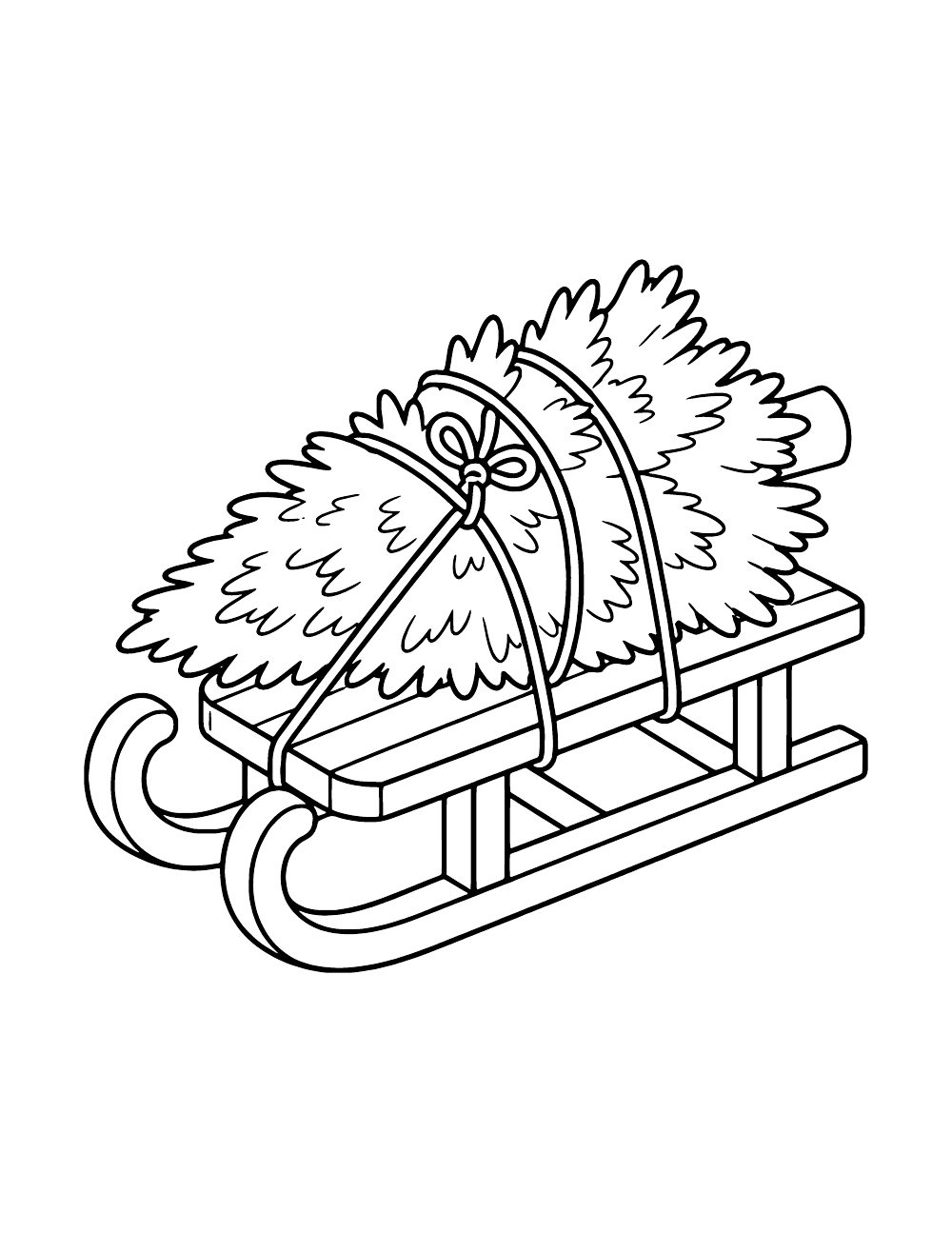 Evergreen tree lying on a wooden sled, secured with ropes tied in a bow.