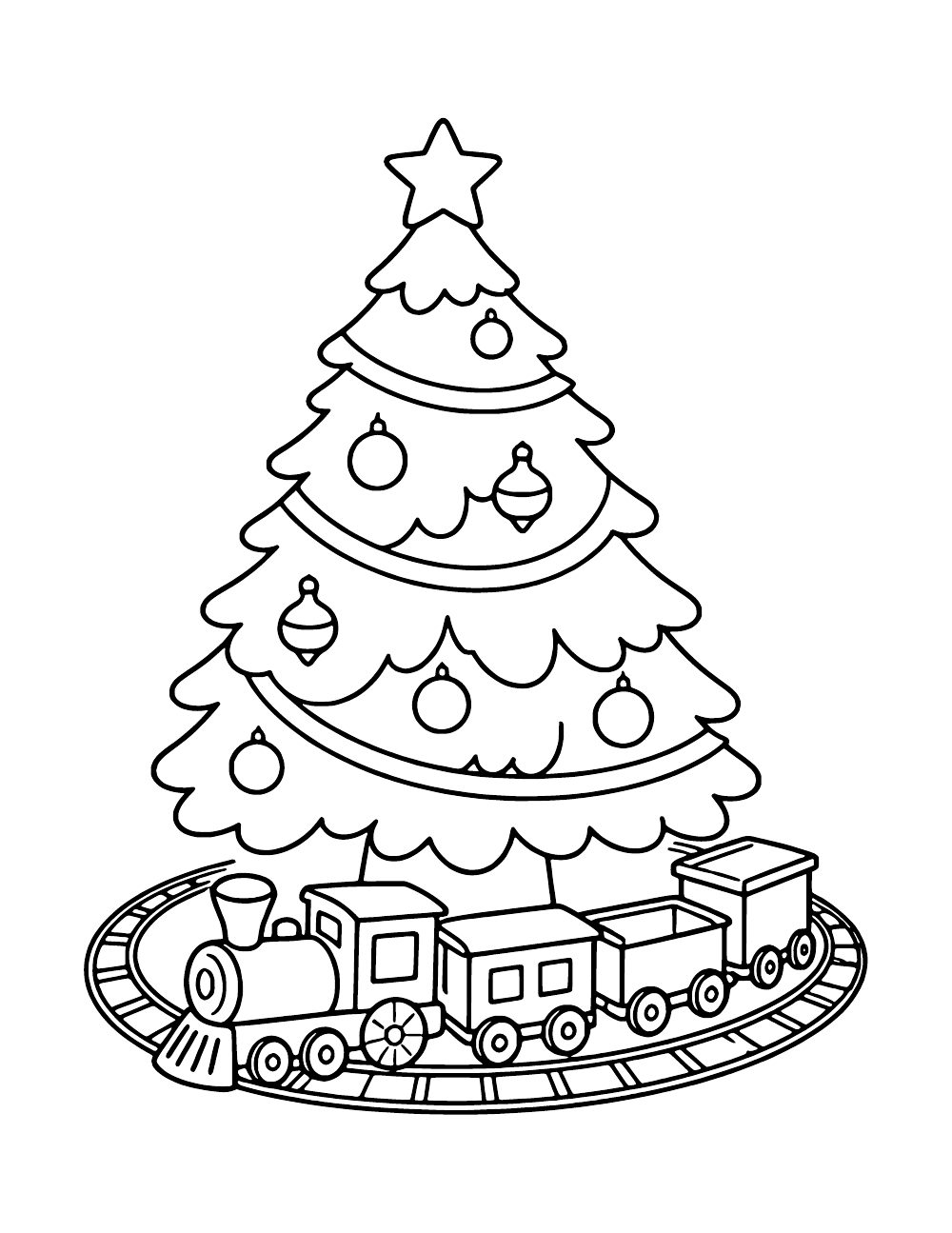 Decorated Christmas tree with a star and garlands above a toy locomotive and three cars on an oval track.