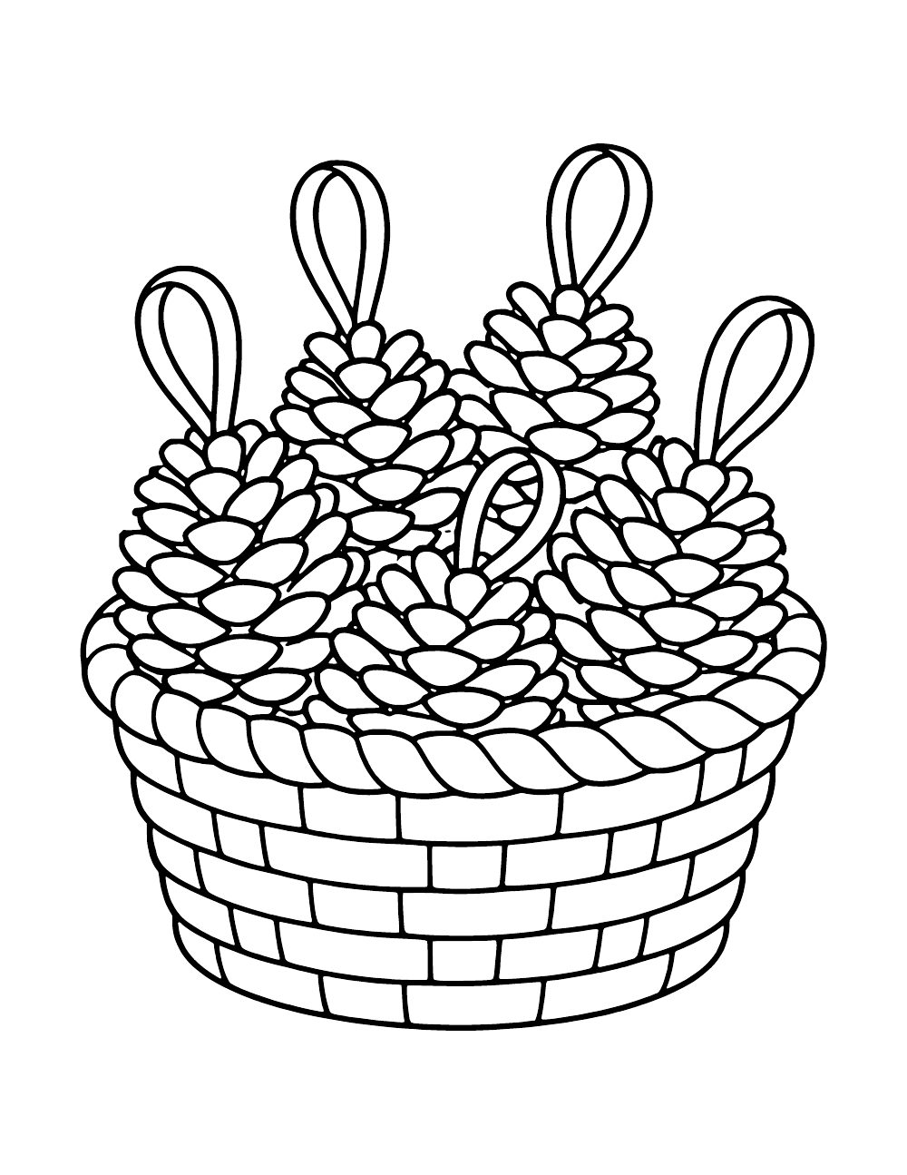 Woven basket holding five pinecones with hanging loops.