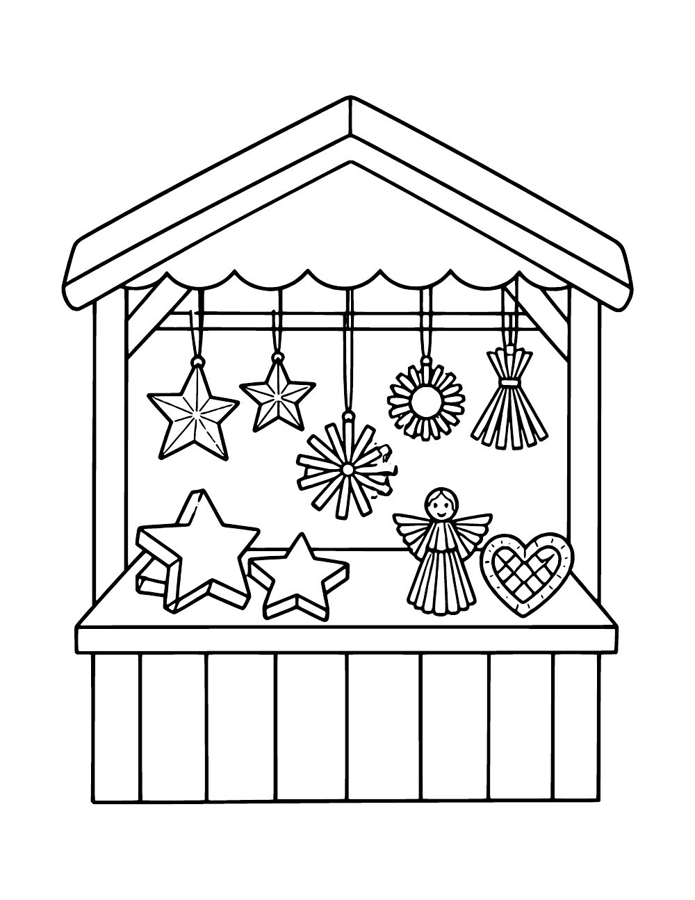 Roofed market stall displaying hanging stars, radial ornaments and a tassel, with stars, an angel ornament and a woven heart on the counter.