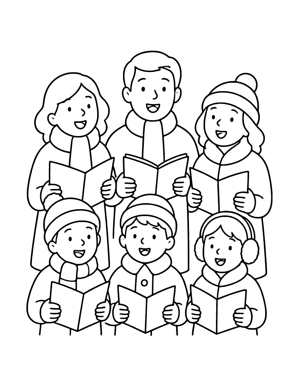 Six carolers in winter coats, scarves, hats and earmuffs sing while holding open songbooks.